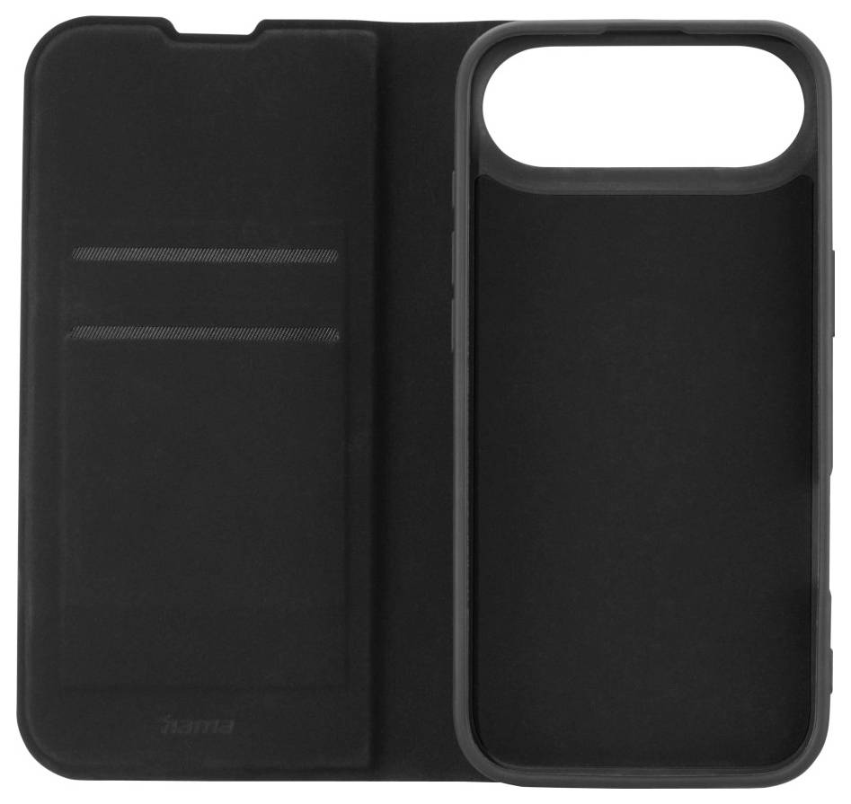 Schwarze Handyhülle öffnen mit Kartenfächern auf der linken Klappe und einem Telefonhalter auf der rechten Seite.