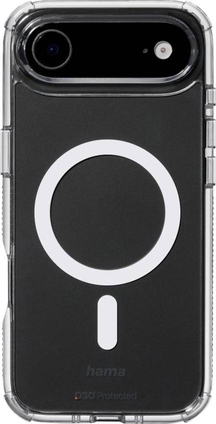 Ein Smartphone mit einer transparenten Schutzhülle, die ein kreisförmiges Design auf der Rückseite aufweist, wird präsentiert.