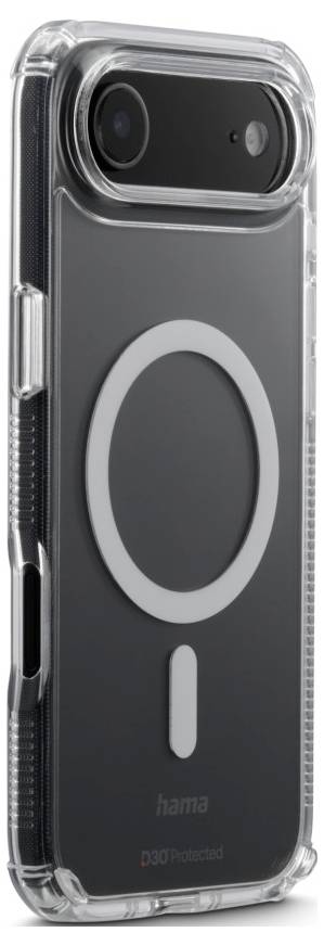 Ein Smartphone mit einer transparenten Schutzhülle, die auf der Rückseite ein kreisförmiges MagSafe-kompatibles Design aufweist, das für magnetische Befestigung konzipiert ist.