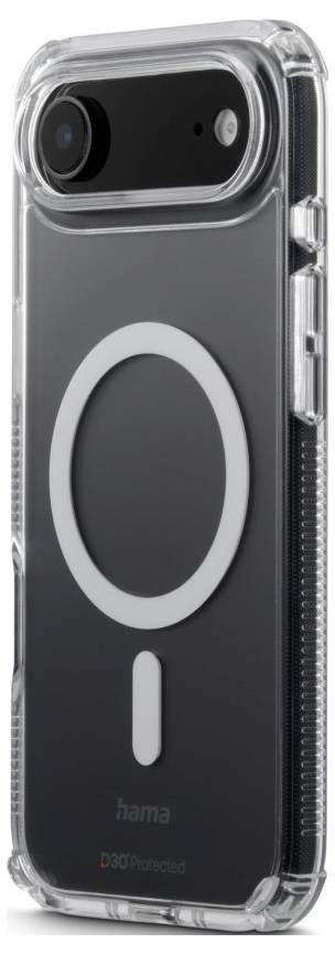 Transparente Smartphone-Hülle mit schwarzem Rückenteil und kreisförmigem Design, die zwei Objektive in der oberen linken Ecke aufweist, höchstwahrscheinlich für eine Kamera.