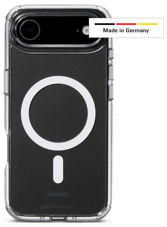 Transparente Handyhülle für MagSafe, mit einer kreisförmigen magnetischen Ausrichtungsfunktion auf der Rückseite. Etikett liest sich 