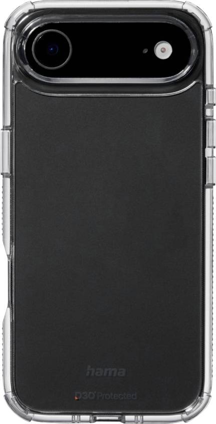 Ein Smartphone mit einer transparenten Schutzhülle, die die Rückkamera und den Blitz zeigt. Die Hülle lässt ein schlankes, minimalistisches Telefondesign erkennen.