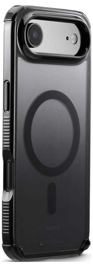 Ein schwarzes Handyhülle mit transparenter Rückseite verfügt über ein MagSafe-Ringdesign und präzise Aussparungen für Tasten und Kamera an der Seite.