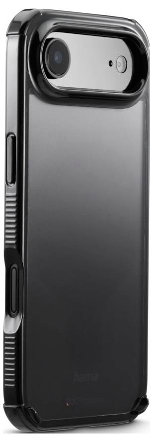 Ein Smartphone in einem schwarzen Schutzgehäuse ist abgebildet, das von hinten gezeigt wird und dabei den Kamerabereich an der Oberseite sowie die strukturierten Seiten für besseren Griff hervorhebt.