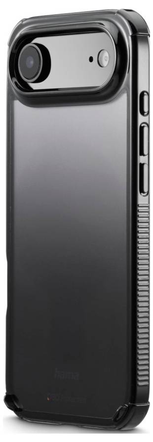 Eine schwarze, schützende Smartphone-Hülle mit verstärkten Ecken und durchsichtiger Rückseite, die das Design des Telefons sichtbar macht.