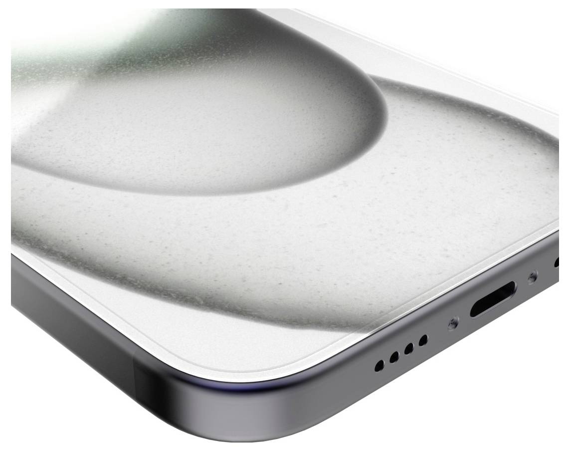 Nahaufnahme einer eleganten Smartphone-Ecke mit einem Display und einer glatten, metallfarbenen Kante sowie Anschlüssen und Lautsprecheröffnungen am unteren Rand.