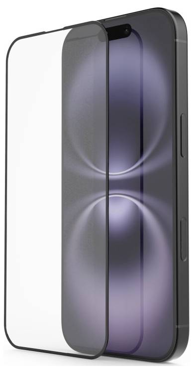 Ein Smartphone mit elegantem schwarzem Design und zwei reflektierenden Kreisen auf dem Display, teilweise von einer transparenten Schutzfolie verdeckt.