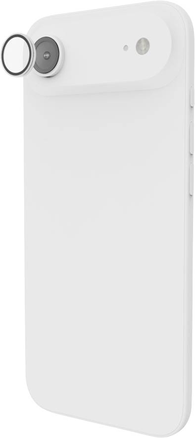 Ein weißes Smartphone mit einem abnehmbaren Kameraobjektiv-Aufsatz in der oberen linken Ecke, der die fotografischen Fähigkeiten erweitert.