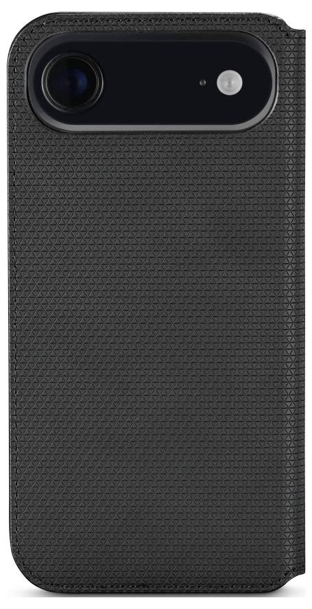 Eine schwarze, strukturierte Handyhülle mit einer Kameraobjektivaussparung in der oberen linken Ecke.