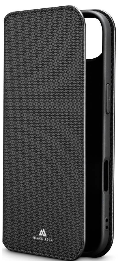 Eine schwarze Handyhülle mit strukturierter Oberfläche und 'Black Rock' Logo, entwickelt für ein Smartphone, in aufrechter, geöffneter Position dargestellt.
