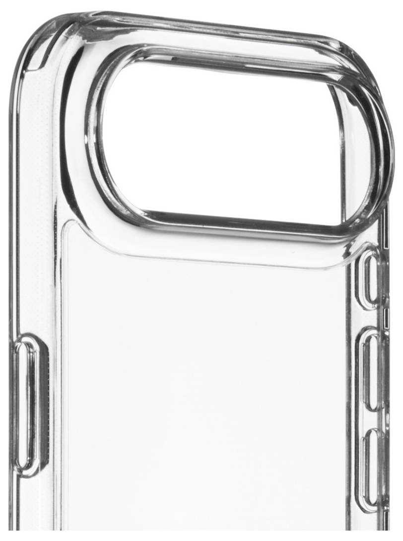 Transparente Smartphone-Schutzhülle mit abgerundeten Kanten und Aussparungen für Kamera, Tasten und Anschlüsse, die Schutz bietet und gleichzeitig das Design sichtbar lässt.