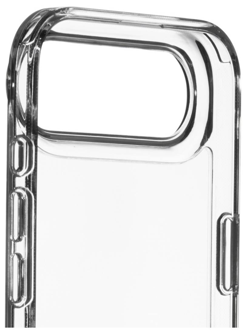 Transparente Handyhülle mit verstärkten Ecken und Kameraausschnitt, entwickelt zum Schutz eines Smartphones bei gleichzeitiger Präsentation seines Designs.