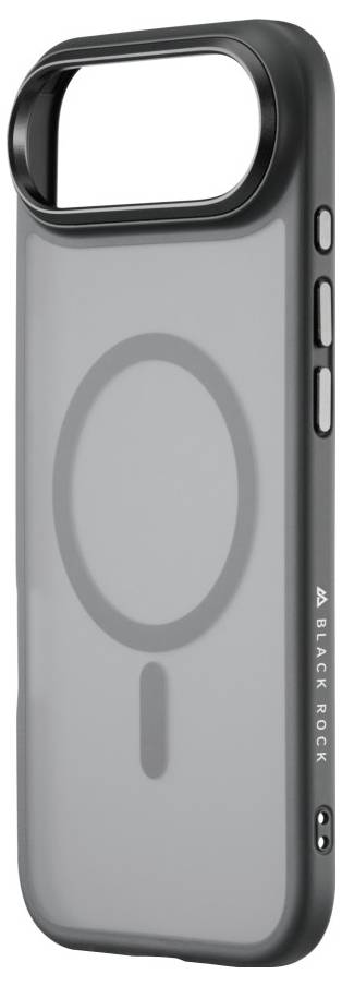 Transparente Smartphone-Hülle mit einem MagSafe-kompatiblen Design, die kreisförmige und linienförmige Markierungen auf der Rückseite zeigt; sie umfasst Seitenknöpfe und die Markenbezeichnung 