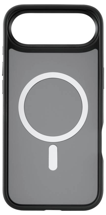 Eine Handyhülle mit einem rechteckigen Kameraausschnitt und einem kreisförmigen Design auf der Rückseite, das die MagSafe-Kompatibilität signalisiert.