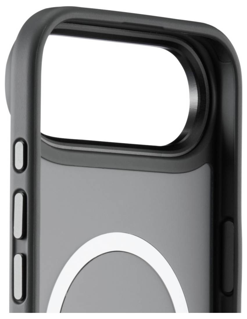Eine Smartphone-Hülle mit einem dunklen Rahmen und Aussparungen für Tasten, mit einer kreisförmigen magnetischen Fläche auf der Rückseite zum Anbringen.