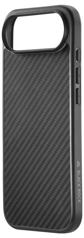 Eine schlanke, schwarze Smartphone-Hülle mit Carbonstruktur und seitlichen Tasten. Die Markierung liest sich als 