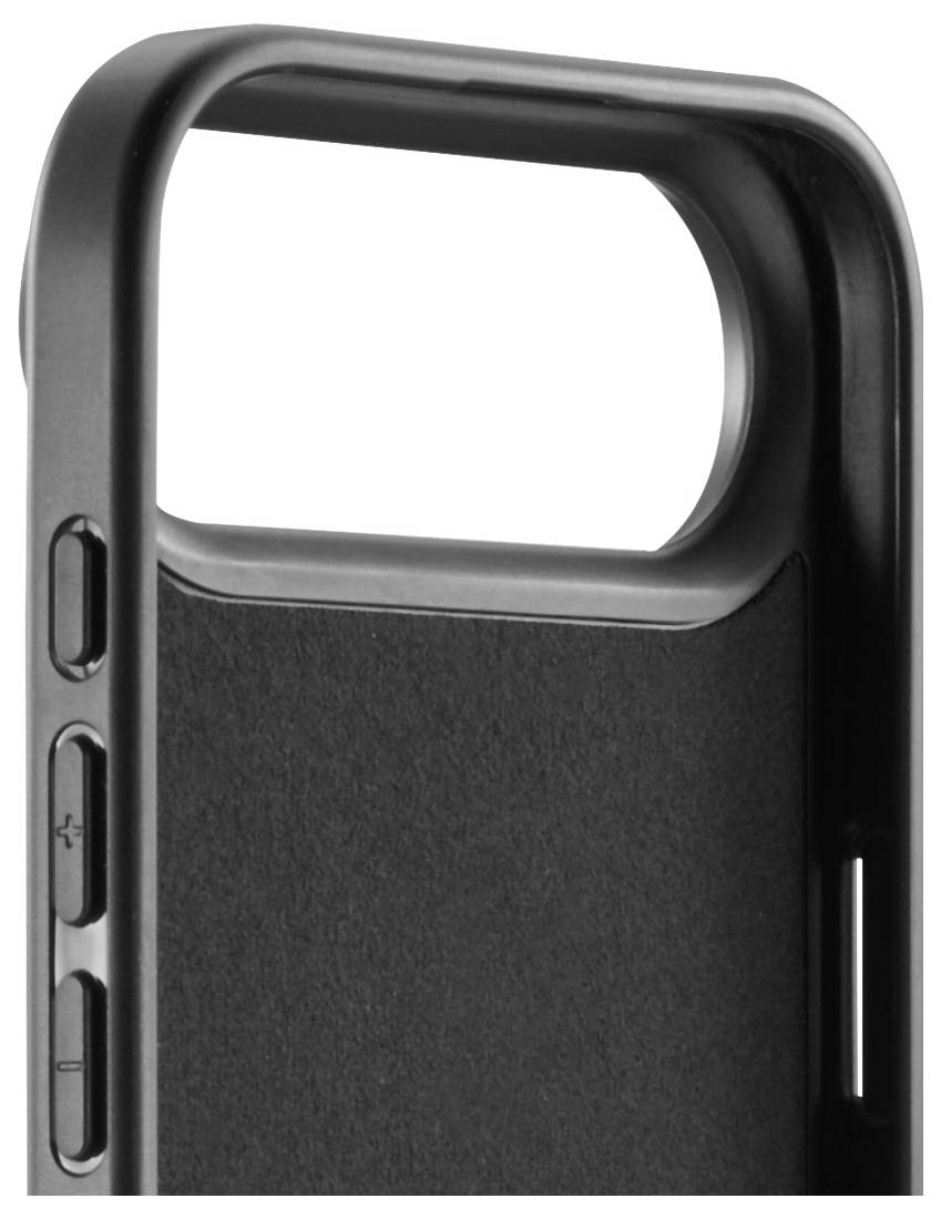 Ein schwarzes Handyhülle mit erhöhten Kanten und Aussparungen für Tasten wird aus einem Seitenwinkel gezeigt, wobei das Design und die Schutzfunktionen hervorgehoben werden.