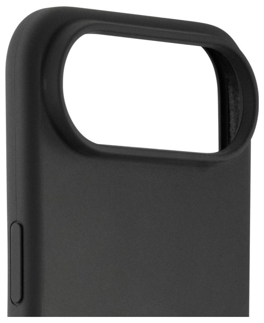 Eine schwarze Smartphone-Hülle mit einer großen Aussparung oben im Kamerabereich, mit einem seitlichen Knopf, der auf der linken Kante sichtbar ist.