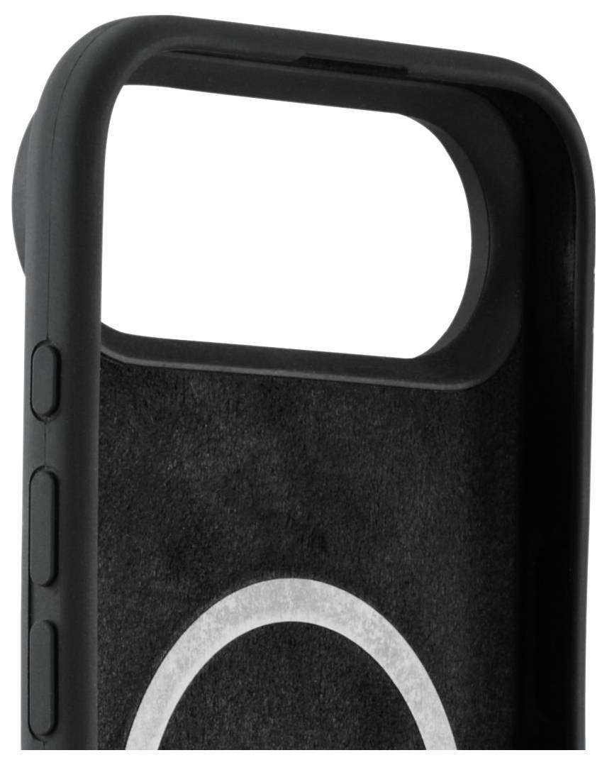 Eine schwarze Smartphone-Hülle mit Öffnungen für die Kamera und Seitenknöpfe, die ein kreisförmiges Design im Inneren aufweist.