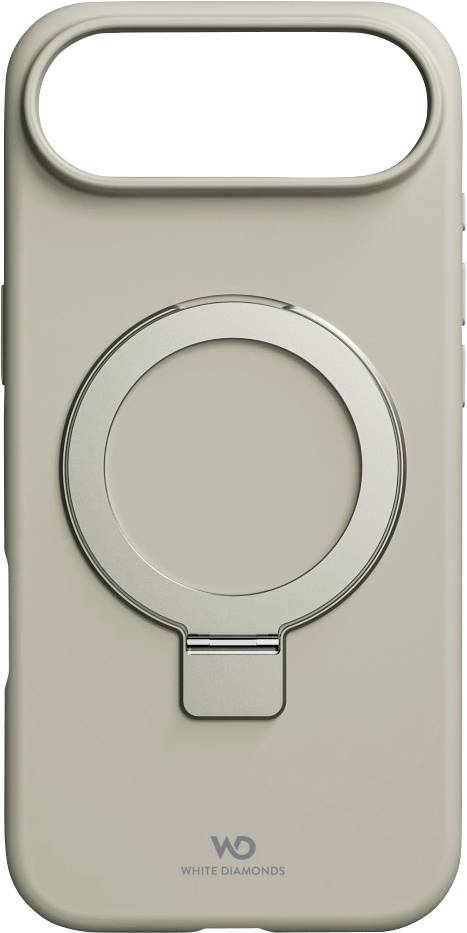 Eine beige Handyhülle mit einem silbernen Ring zur Befestigung von Zubehör, mit dem 'White Diamonds' Logo am unteren Rand.