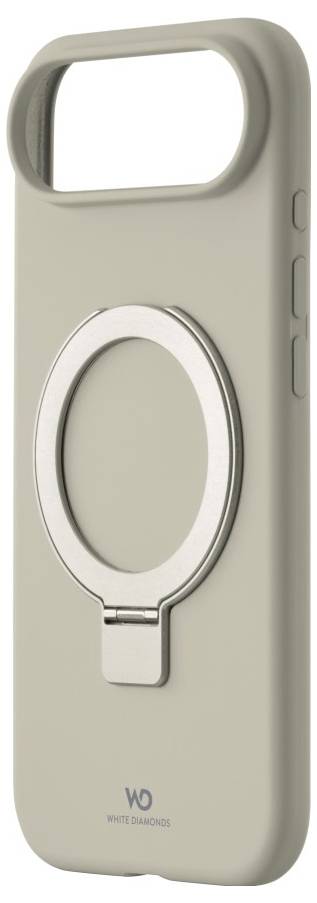 Eine beige Smartphone-Hülle mit einem metallfarbenen Ringständer auf der Rückseite, mit der Markenbezeichnung 