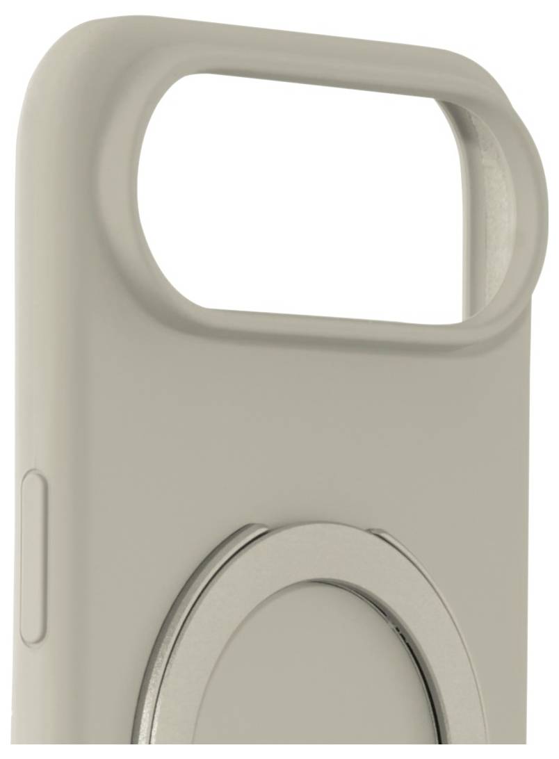 Eine Nahaufnahme einer beigen Smartphone-Hülle mit integriertem kreisförmigem Ständer und Kameraausschnitt, die ihr schlankes Design und ihre Funktionalität betont.