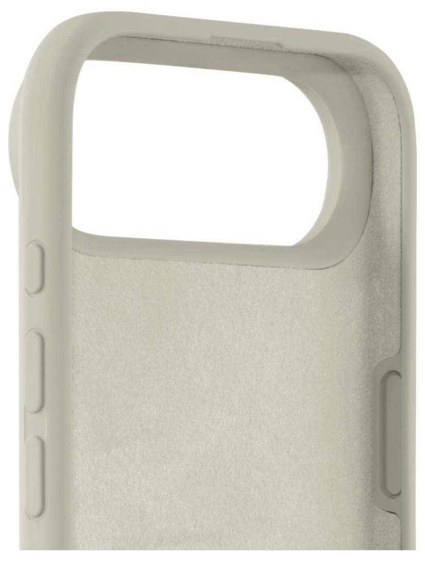 Beige Smartphone-Hülle mit strukturierter Innenseite und Aussparung für die Kameralinse oben links, mit seitlichen Buttonabdeckungen.