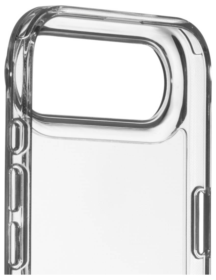 Transparente Handyhülle mit abgerundeten Kanten und präziser Aussparung für die Kamera, geeignet für ein Smartphone, mit Hervorhebung des robusten Materials.