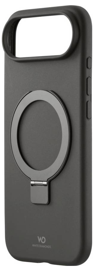 Eine schwarze Smartphone-Hülle mit einem kreisförmigen Metallring und einem rechteckigen Kameraausschnitt, entwickelt für besseren Halt und Schutz.