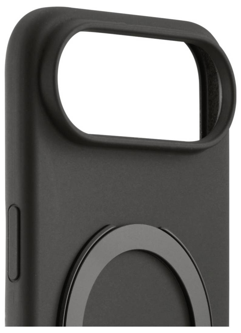 Eine schwarze Handyhülle mit einem hervorstehenden kreisförmigen Anbau und einer Öffnung an der Oberseite, möglicherweise für eine Kameraobjektivlinse.