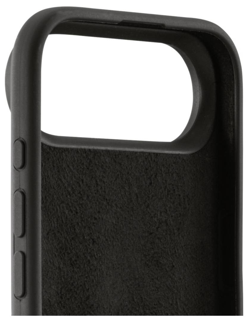 Eine schwarze Handyhülle mit weicher Innenfütterung und präzisen Ausschnitten für die Tasten, entwickelt zum Schutz der Kanten und Rückseite eines Smartphones.