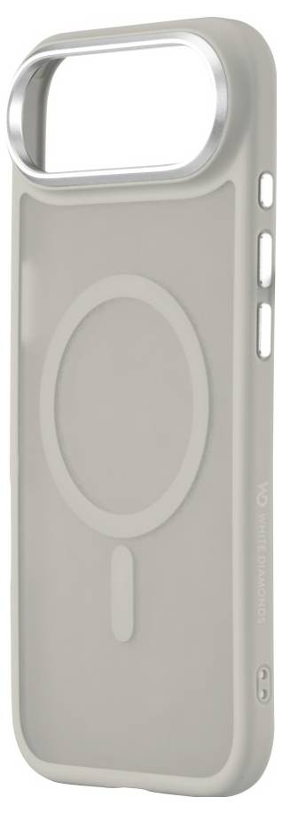 Beige Smartphone-Hülle mit einer kreisförmigen MagSafe-Funktion und einem Trageriemen, entwickelt zum Schutz des Telefons; Seitenknöpfe sind sichtbar.