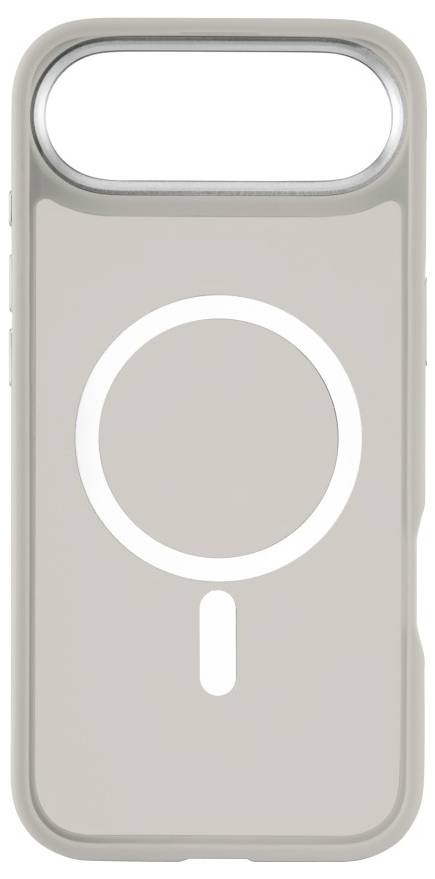 Eine beige Handyhülle mit einem weißen, kreisförmigen MagSafe-Symbol, designed für iPhone-Modelle mit einer Kameraausschnitt an der Oberseite.