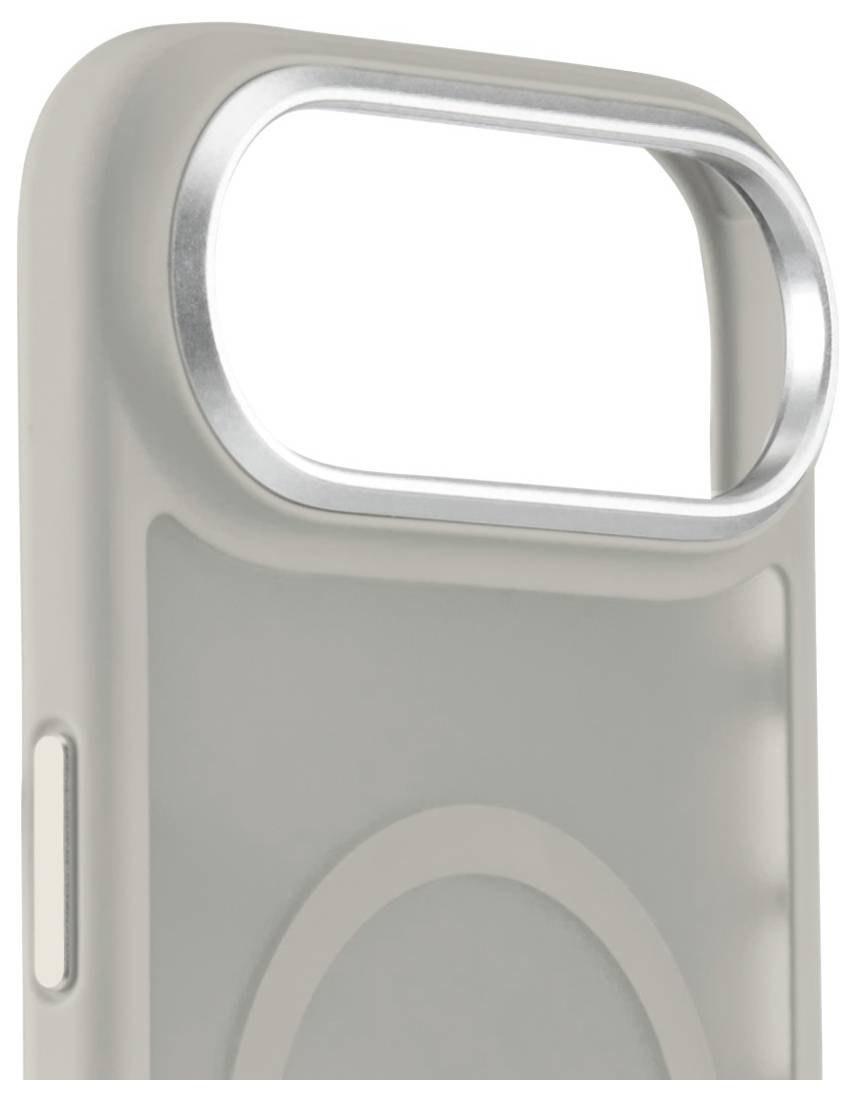 Eine schlanke, hellgraue Handyhülle mit einem großen, erhabenen rechteckigen Kameraausschnitt und einem kleinen Seitenknopf.
