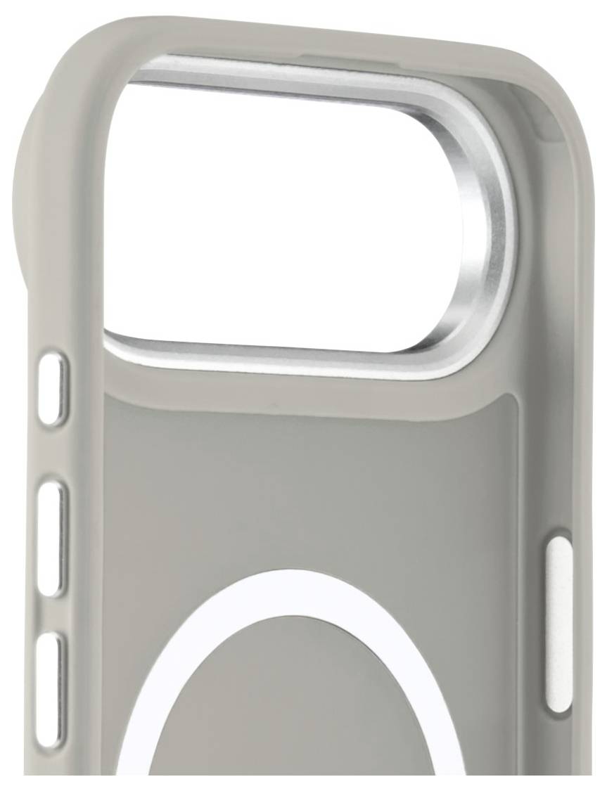 Eine Nahaufnahme einer Smartphone-Hülle, die sich auf die Kameraöffnung konzentriert und ein abgerundetes Kantendesign mit zweischichtiger Schutzfunktion in einer neutralen Farbe aufweist.