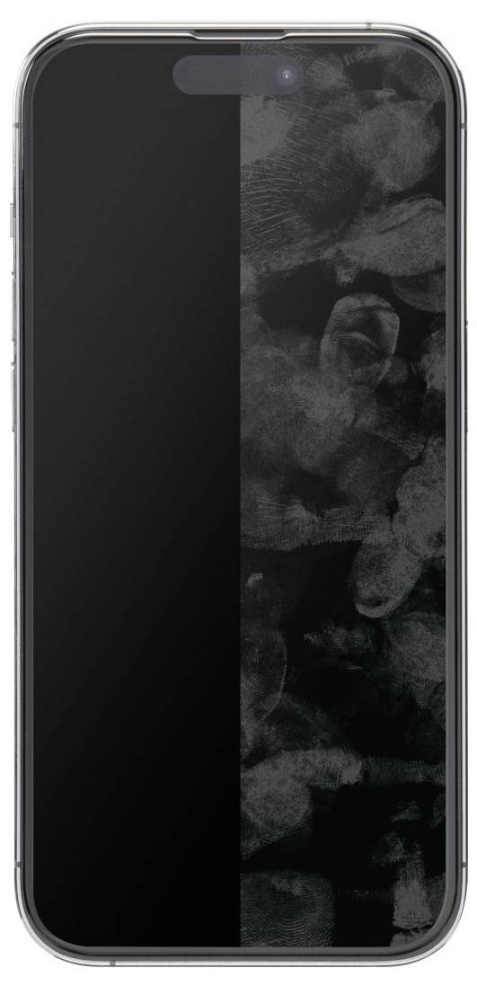 Ein Smartphone mit einem dunklen Bildschirm ist zur Hälfte mit Schmierflecken und Fingerabdrücken bedeckt und veranschaulicht den Unterschied zwischen sauberen und schmutzigen Oberflächen.