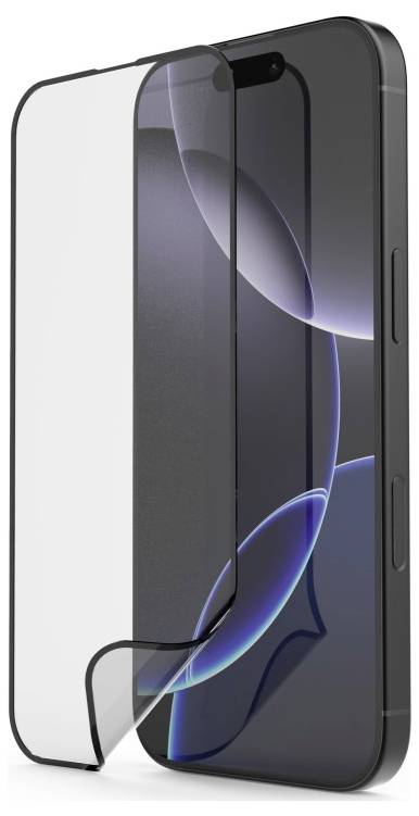 Smartphone mit abstraktem Hintergrund, teilweise von einer transparenten Schutzfolie bedeckt.