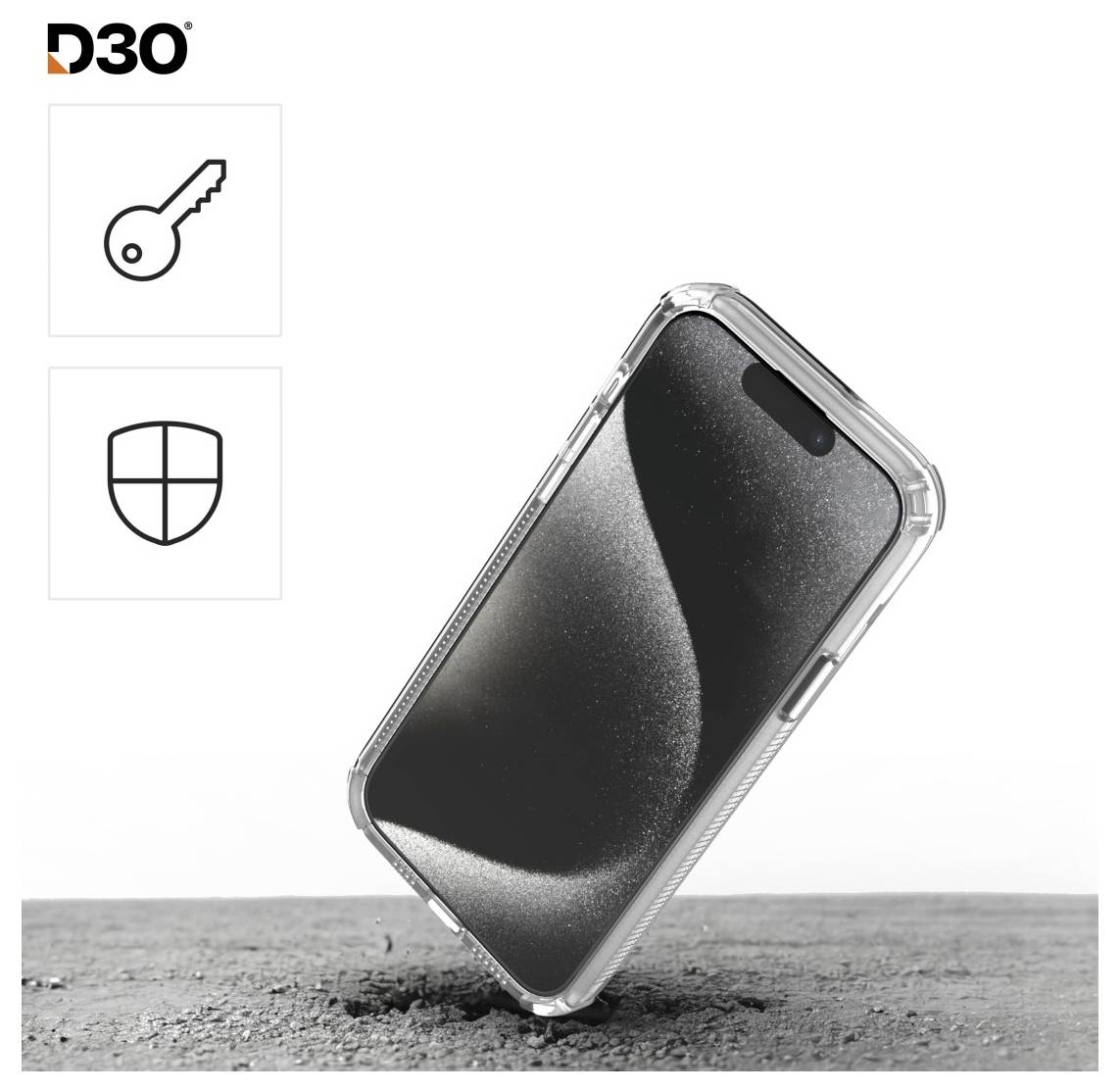 Ein Smartphone in einer transparenten Schutzhülle schwebt in der Luft. In der Nähe deuten Symbole eines Schildes und eines Schlüssels auf Sicherheit und Schutz hin.