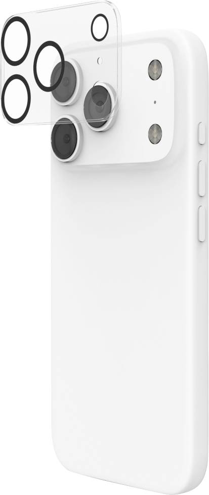 Eine weiße Handyhülle mit einer separaten, erhabenen Kameraobjektivabdeckung, die mehrere Objektivaussparungen aufweist und für ein Smartphone mit Mehrfachkamera entwickelt wurde.