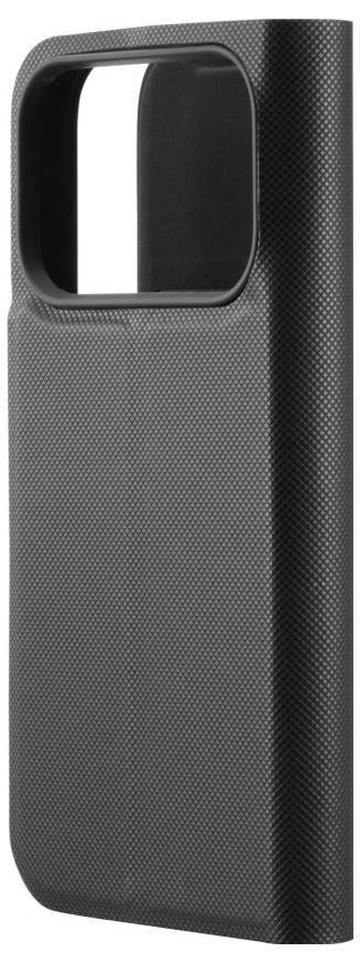 Eine schwarze, strukturierte Schutzhülle für ein Smartphone mit einer großen Aussparung für die Kamera.