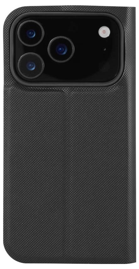 Eine Smartphone-Rückseite mit einem schwarzen strukturierten Design, die Öffnungen für drei Kameraobjektive und einen Blitz in der oberen Ecke aufweist.
