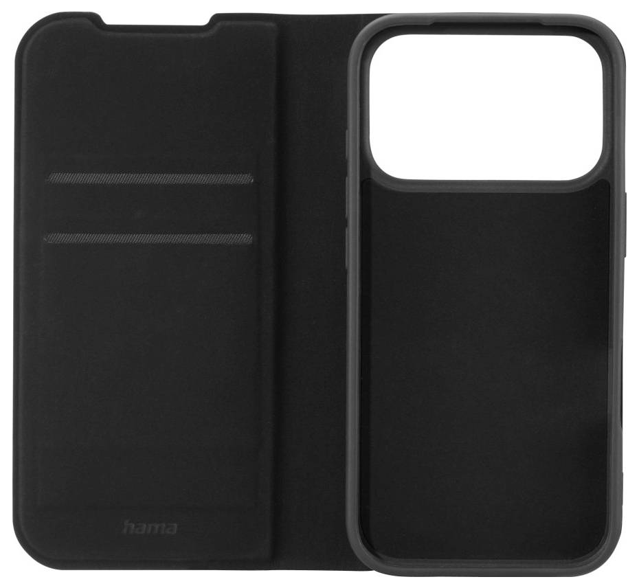 Schwarze Smartphone-Hülle mit Deckel und Kartenfächern auf der linken Seite, entwickelt zum Schutz des Telefons und zur Aufbewahrung von Karten.