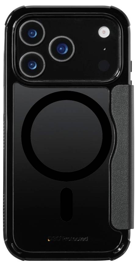 Ein schwarzes Smartphone-Gehäuse mit einer kreisförmigen Nut und Linsenausschnitten wird vertikal präsentiert.