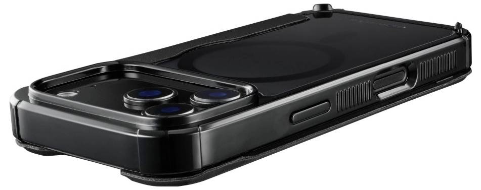 Nahaufnahme eines schlanken, modernen schwarzen Smartphones mit einer großen Kameralinse auf der Rückseite, seitlich liegend, das sein schlankes Design präsentiert.