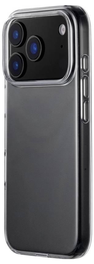 Ein Smartphone mit einer transparenten Hülle, das eine dreifache Kameraeinrichtung auf der Rückseite zeigt.