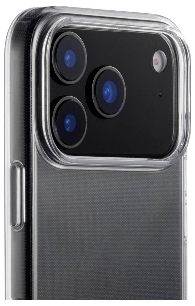 Nahaufnahme des Kamera-Rückmoduls eines Smartphones, das drei Objektive und eine Blitzlichteinheit in einem transparenten Schutzgehäuse zeigt.