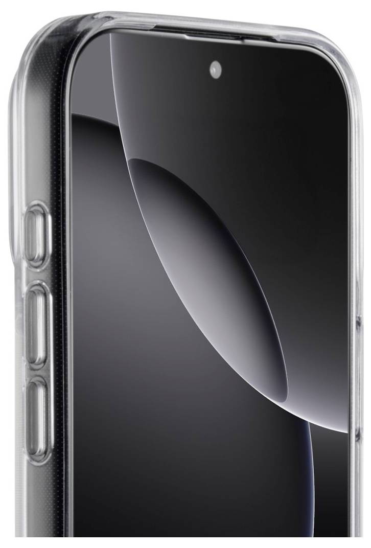 Ein Smartphone mit einer transparenten Hülle, der Fokus liegt auf dem oberen vorderen Bereich mit einem Display, auf dem ein minimales abstraktes Design zu sehen ist.