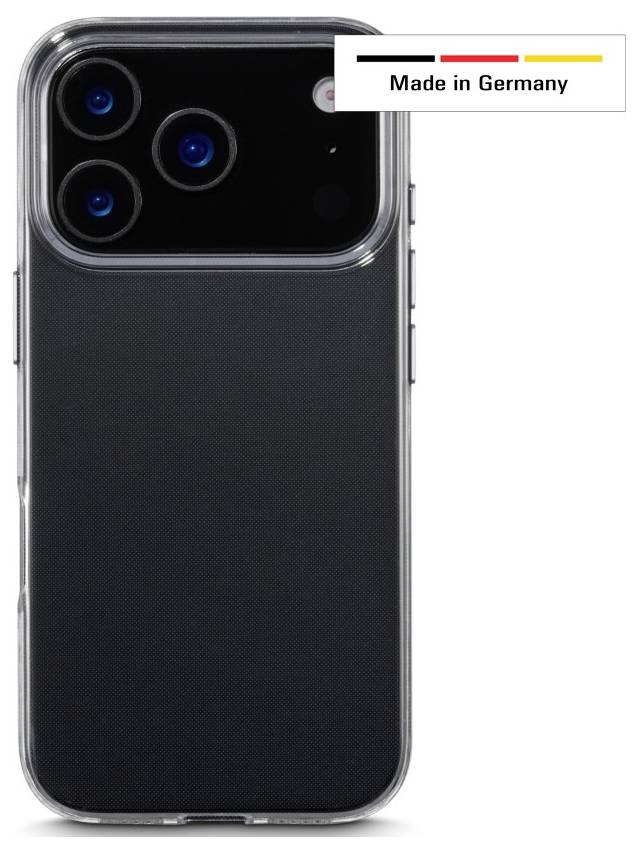 Ein schwarzes Smartphone-Gehäuse mit drei Kameraobjektiven auf der Rückseite. Ein kleines Etikett in der oberen rechten Ecke besagt 