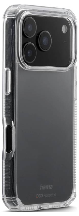Ein schwarzes Smartphone mit einem dreifachen Kameramodul auf der Rückseite, eingehüllt in eine transparente Schutzhülle.