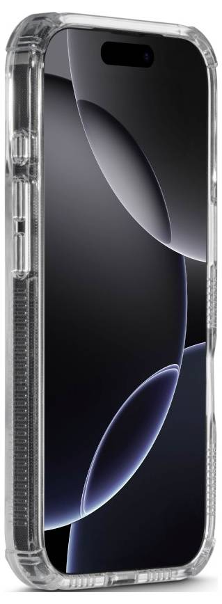 Ein Smartphone mit einer transparenten Schutzhülle, das ein dunkles abstraktes Design mit geschwungenen Linien auf dem Bildschirm zeigt.